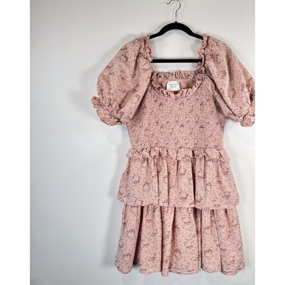 Hyacinth House Womens Dress Beige Mini Floral Smocked Ruffle Puffed A Line Large - Picture 4 of 12